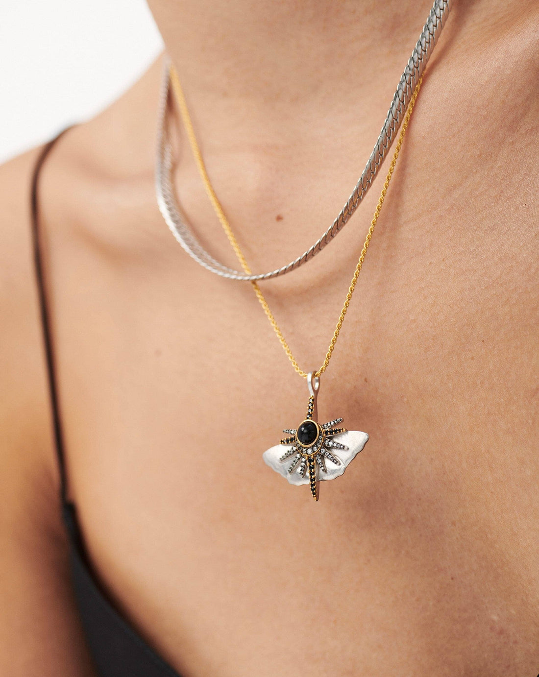 Butterfly White Moonstone Necklace | 18ct Gold Plated/Onyx & Cubic