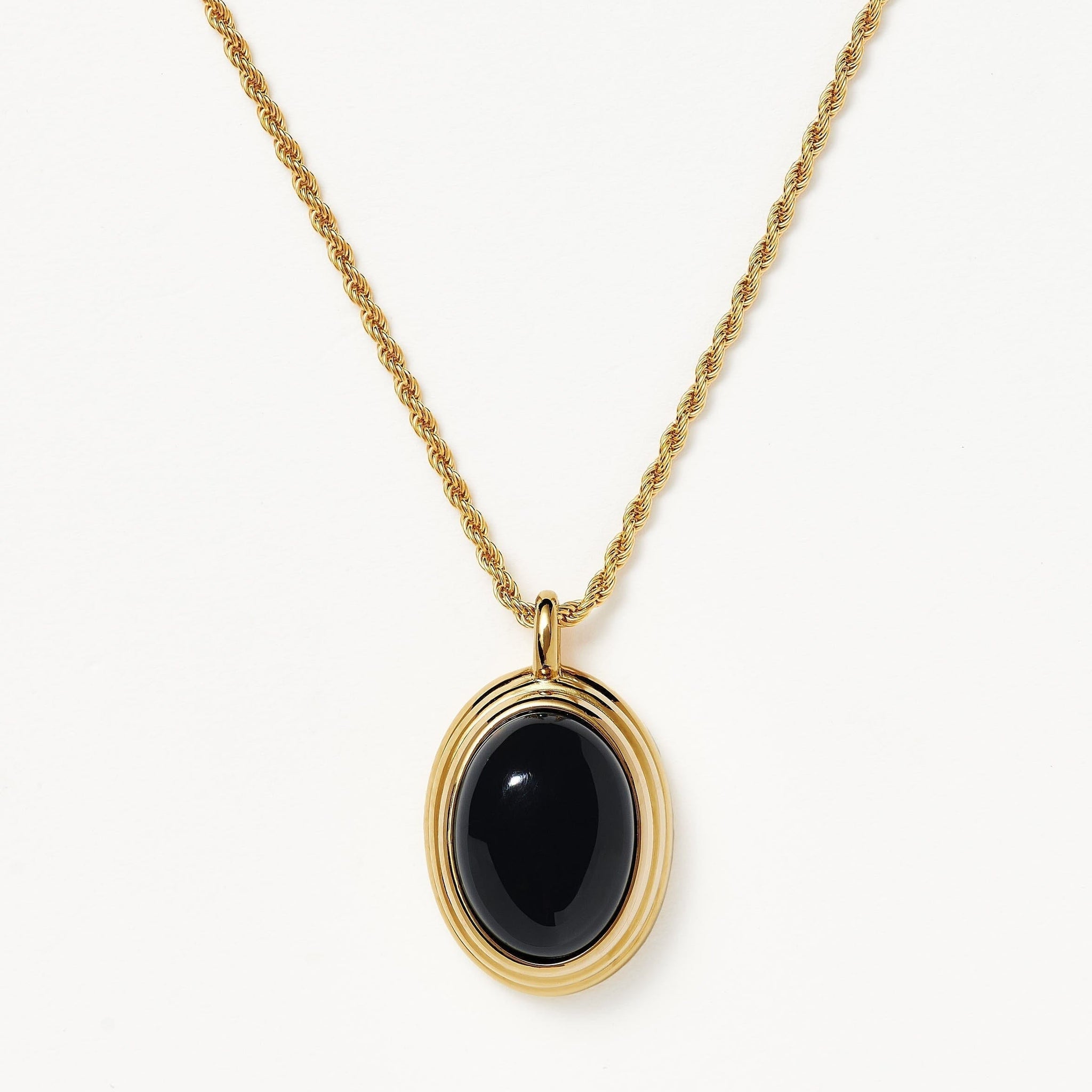 Ridged Oval Cabochon Pendant Necklace | 18ct Gold Plated Black Onyx